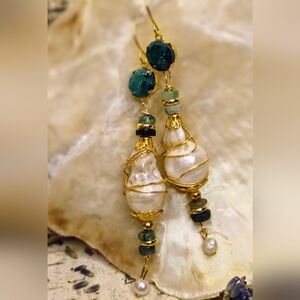 Raw Emerald In Long 18k Gold Plated Earrings W/ Large Baroque Pearl